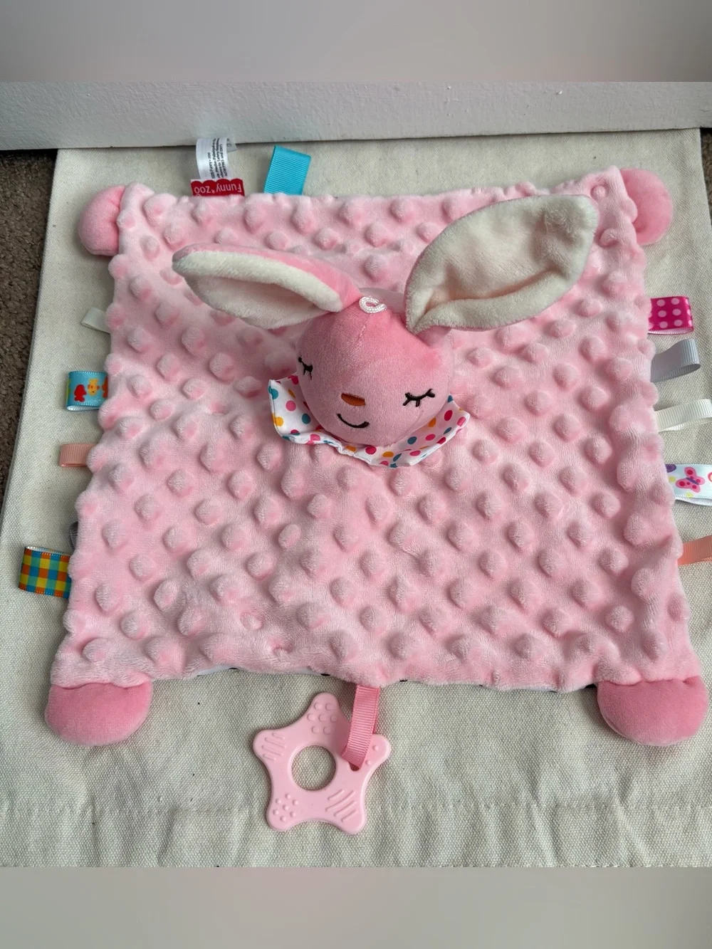 Funny Zoo Bunny Lovey Plush Baby Security Blanket Teether Taggie Tabs Dot Back